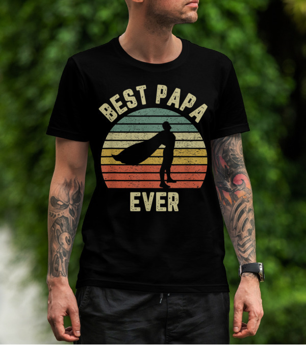 Best Papa Ever Superhero Vintage Retro Stripes T-Shirt