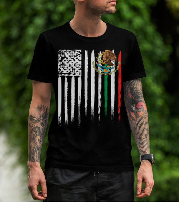 Mexican American Flag With Eagle And Serpent Symbol On Distressed Stripes T-Shirt