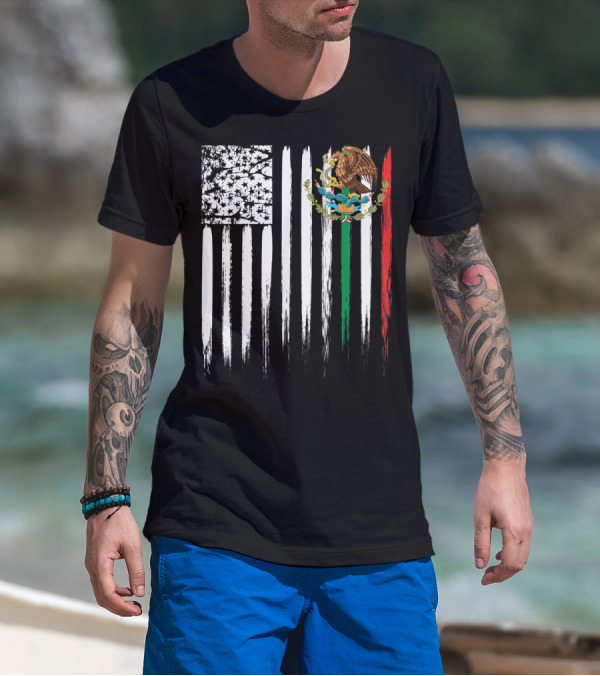Mexican American Flag With Eagle And Serpent Symbol On Distressed Stripes T-Shirt