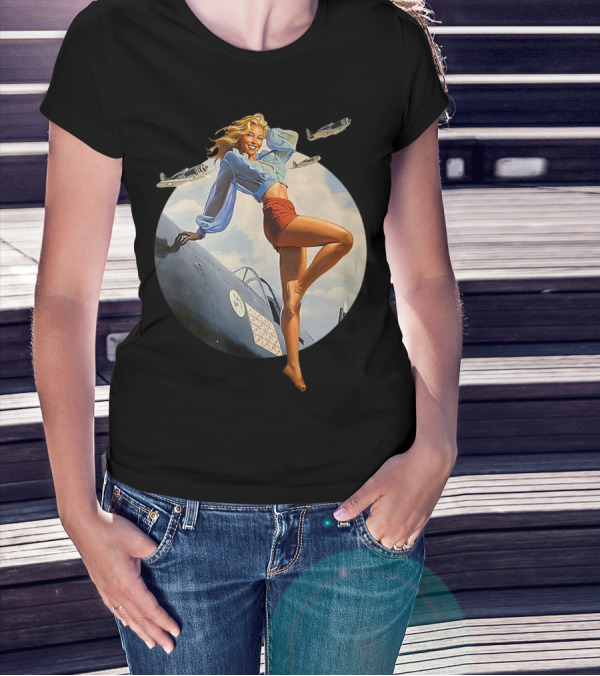 Pin Up Blonde With WWII 40s Air Force Plane And Iconic T-Shirt