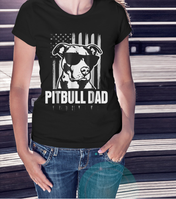 Pitbull Dad Mens Proud American Pit Bull Dog With Sunglasses And Flag T-Shirt