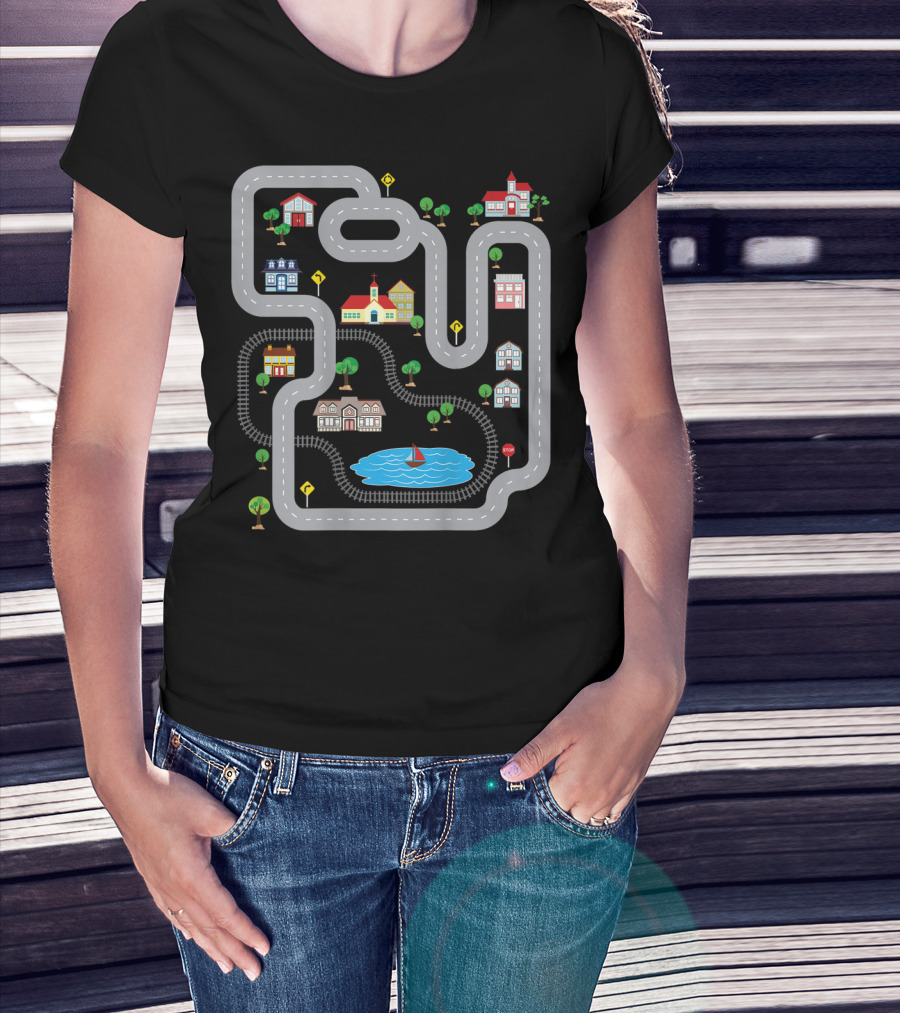 Playmat Road With Train Track And Car Race Route Through Town T-Shirt