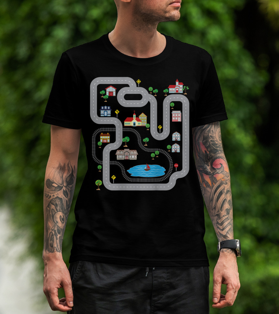 Playmat Road With Train Track And Car Race Route Through Town T-Shirt