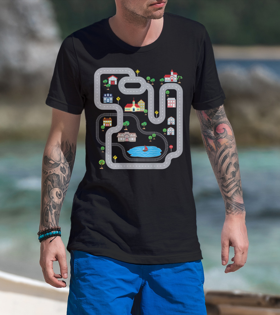 Playmat Road With Train Track And Car Race Route Through Town T-Shirt