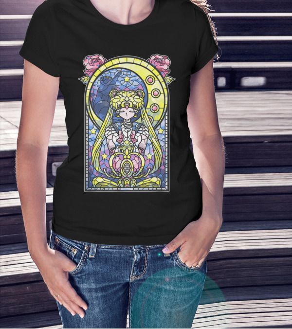 Sailor Moon Blessing Stained Glass Style Roses And Moon Phases T-Shirt