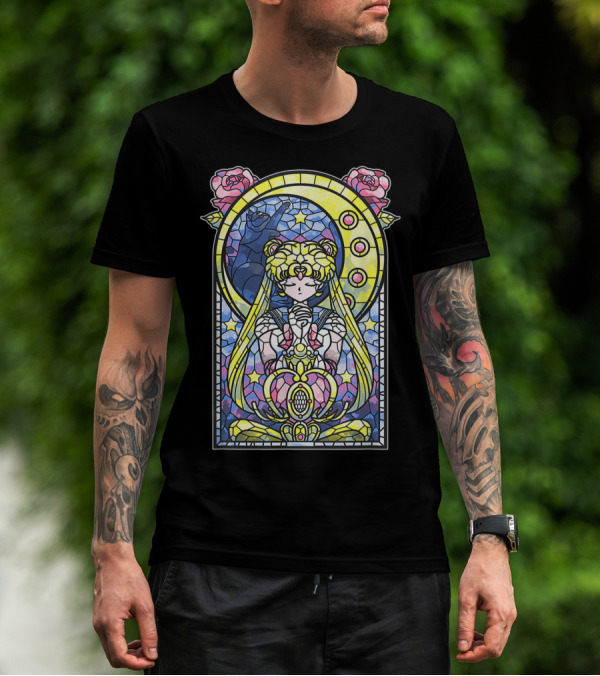 Sailor Moon Blessing Stained Glass Style Roses And Moon Phases T-Shirt