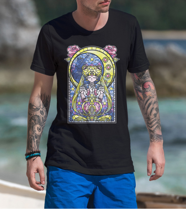 Sailor Moon Blessing Stained Glass Style Roses And Moon Phases T-Shirt