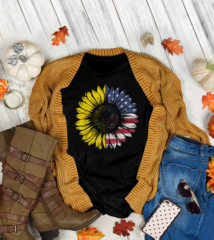 Sunflower American Flag Patriotic 4th Of July USA T-Shirt