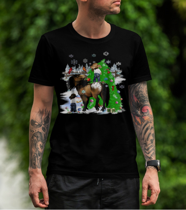 Holiday Cowboy Christmas Scene With Horse Snowflakes And Tree T-Shirt