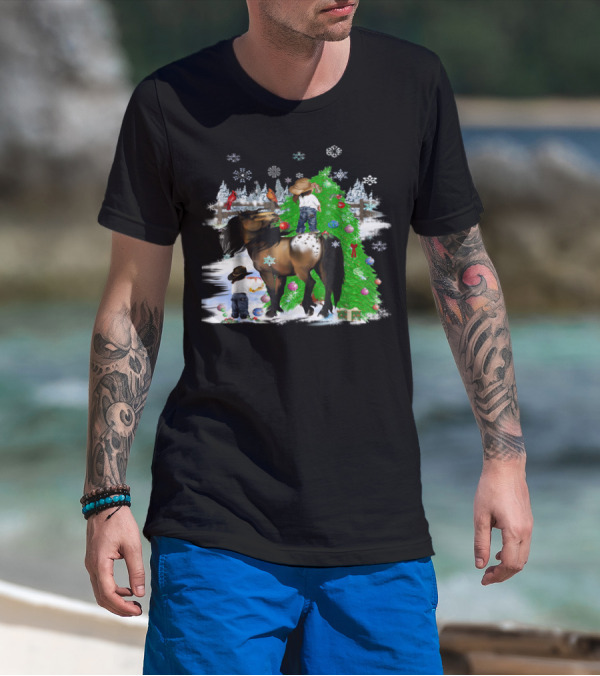 Holiday Cowboy Christmas Scene With Horse Snowflakes And Tree T-Shirt