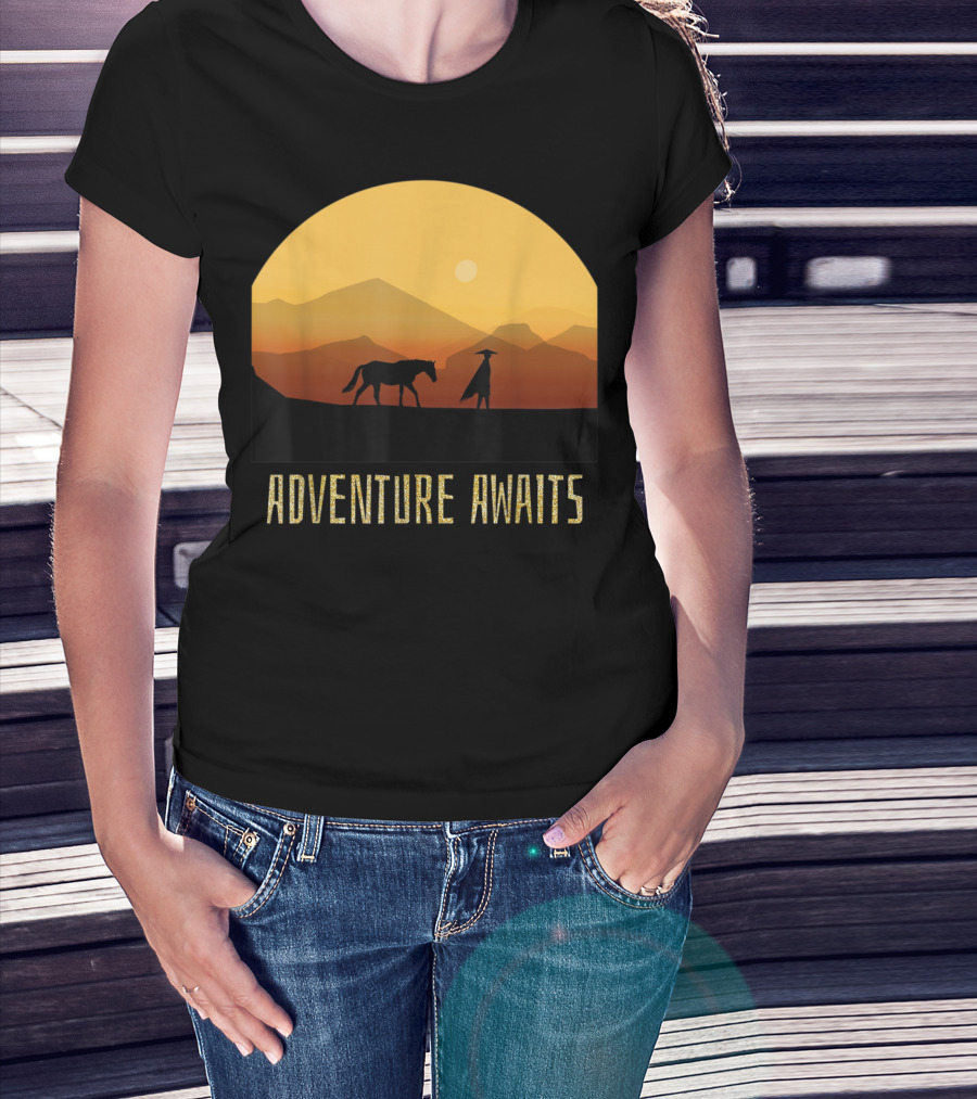 Adventure Awaits Sunset Man Horse Mountains T-Shirt