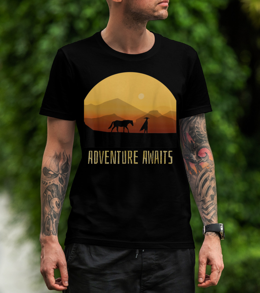 Adventure Awaits Sunset Man Horse Mountains T-Shirt