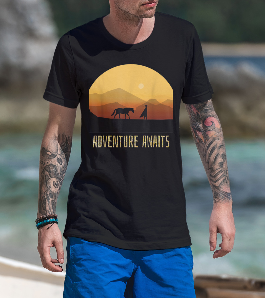 Adventure Awaits Sunset Man Horse Mountains T-Shirt