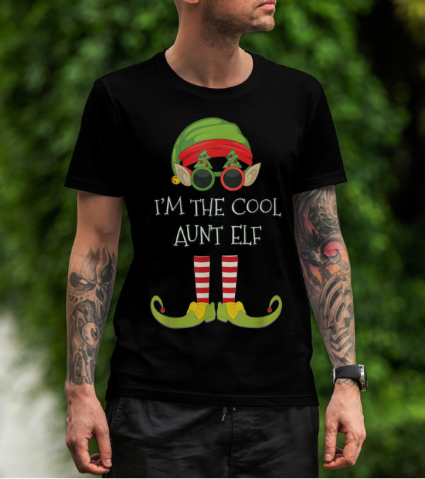 I'm The Cool Aunt Elf Christmas Costume Striped Stockings Green Hat Glasses T-Shirt