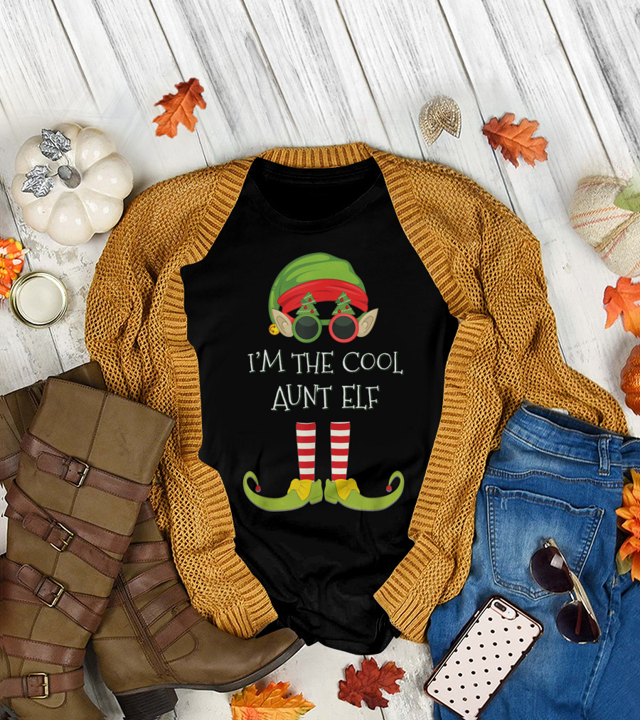 I'm The Cool Aunt Elf Christmas Costume Striped Stockings Green Hat Glasses T-Shirt