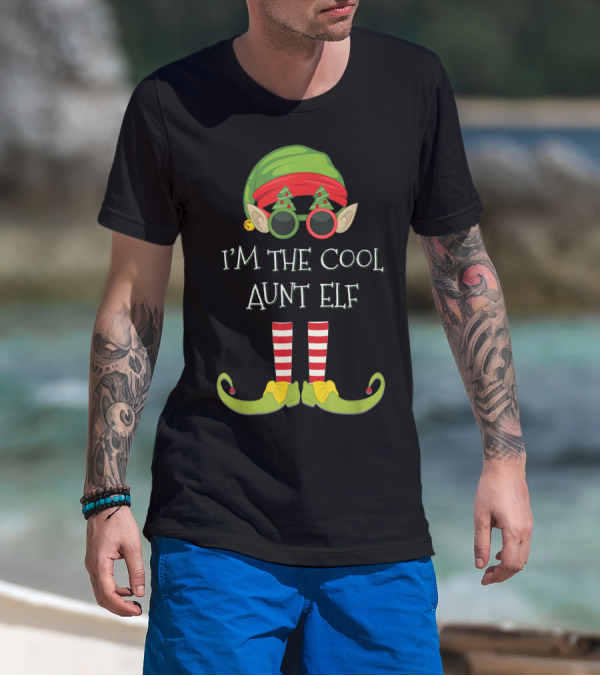 I'm The Cool Aunt Elf Christmas Costume Striped Stockings Green Hat Glasses T-Shirt