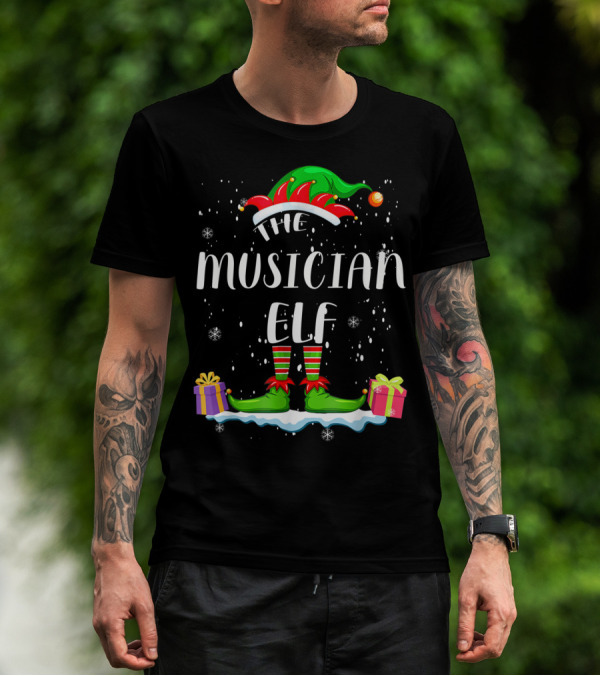 The Musician Elf Christmas Apparel With Festive Gifts And Snowflakes T-Shirt