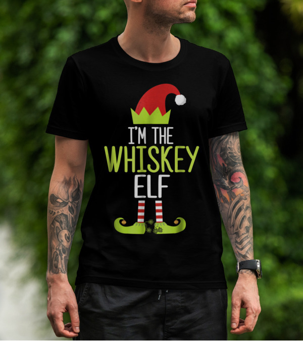 I'm The Whiskey Elf Christmas Family Elf Hat And Striped Shoes T-Shirt