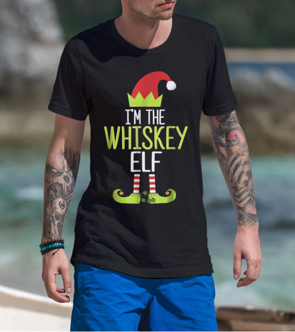 I'm The Whiskey Elf Christmas Family Elf Hat And Striped Shoes T-Shirt
