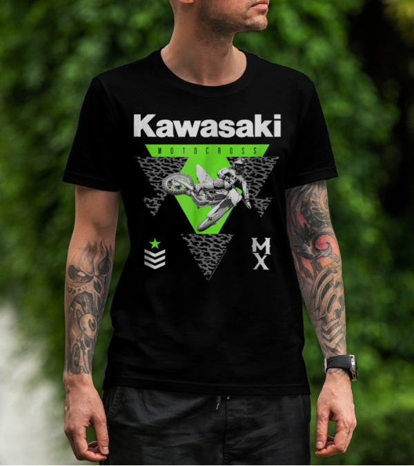 Kawasaki Motocross Classic Look 27272 MX Rider With Green Triangle And Chevron Star T-Shirt