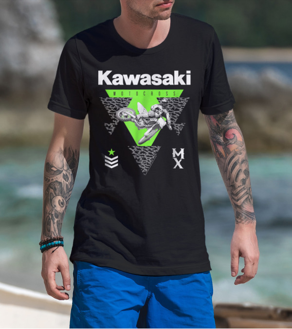 Kawasaki Motocross Classic Look 27272 MX Rider With Green Triangle And Chevron Star T-Shirt