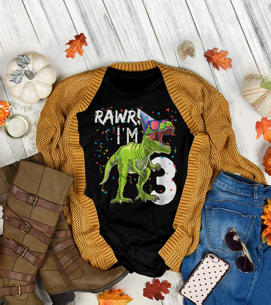 Rawr I'm 3 Dinosaur Birthday Party Hat Confetti T-Shirt