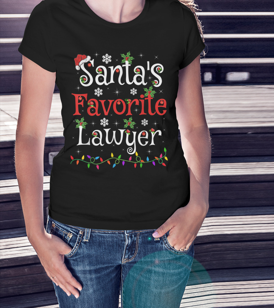 Santa's Favorite Lawyer Christmas Lights And Holly T-Shirt