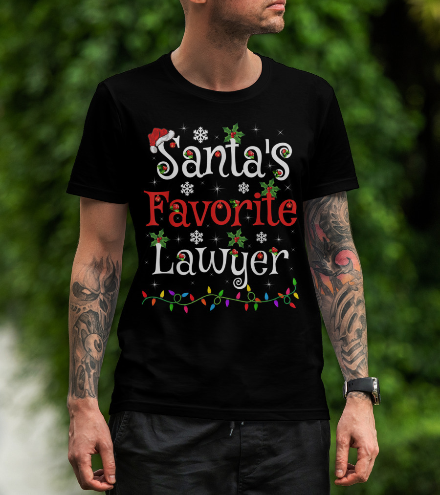 Santa's Favorite Lawyer Christmas Lights And Holly T-Shirt