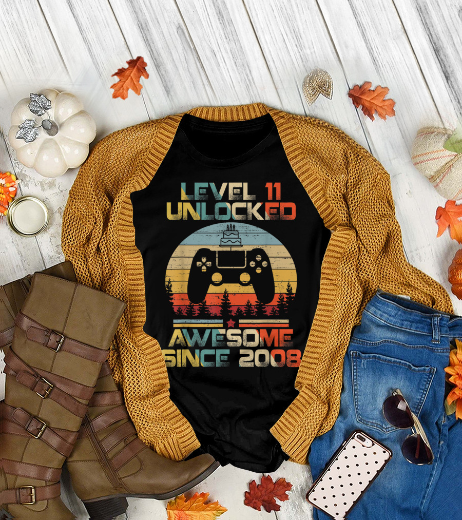 Level 11 Unlocked Awesome Since 2008 Video Game Birthday T-Shirt