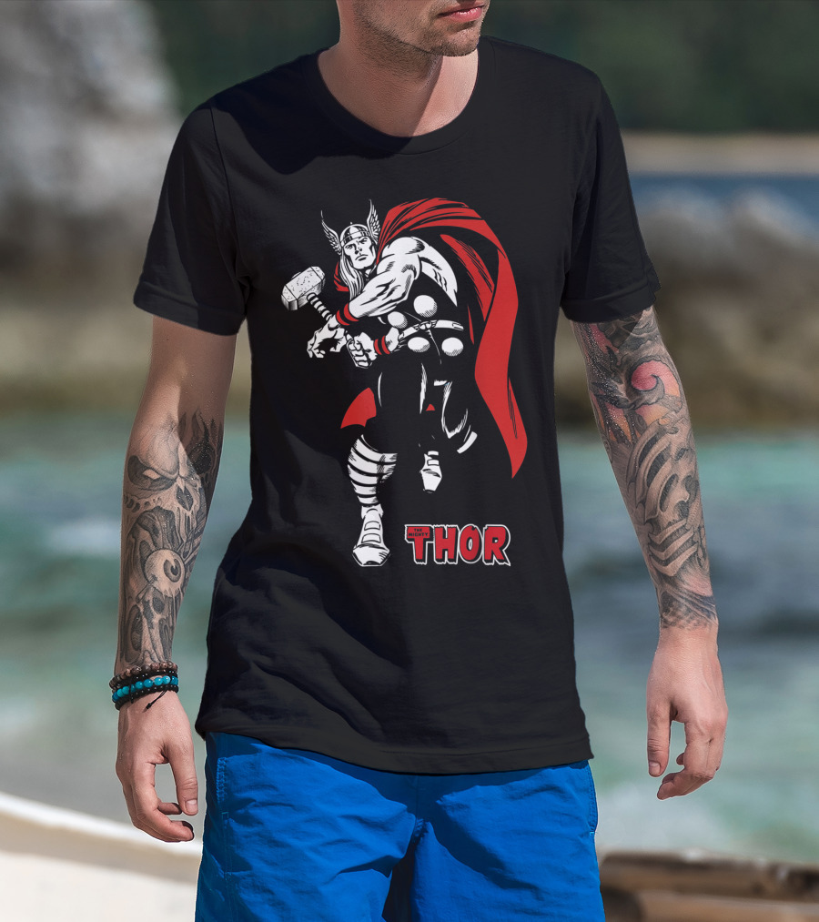 Marvel Comics Thor Mighty Hammer Swing Red Cape T-Shirt