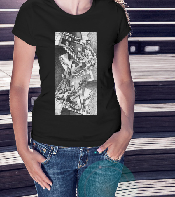Escher Relativity Optical Illusion Staircase Maze In Three Colors T-Shirt
