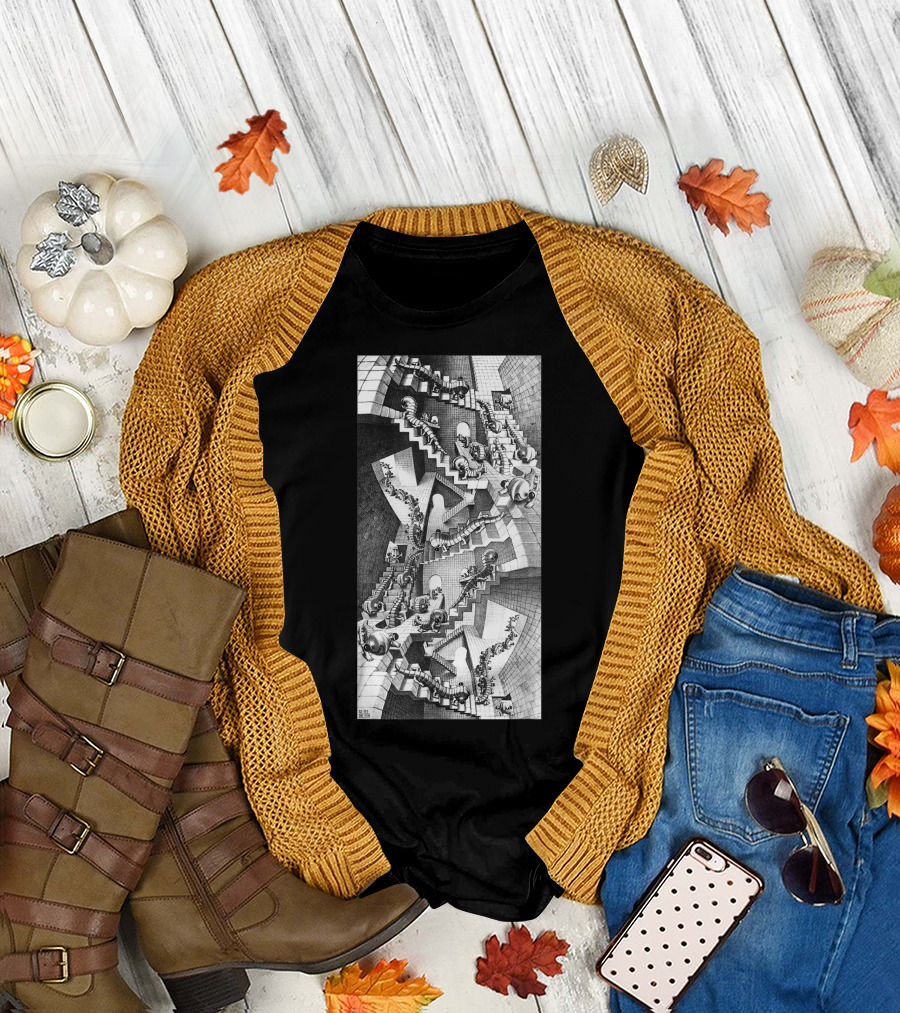 Escher Relativity Optical Illusion Staircase Maze in Three Colors T-Shirt