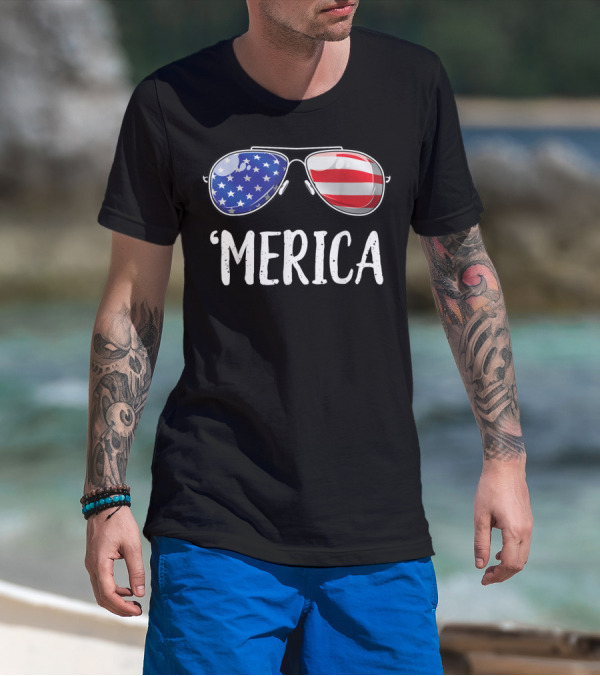 'Merica Sunglasses American Flag Fourth Of July T-Shirt