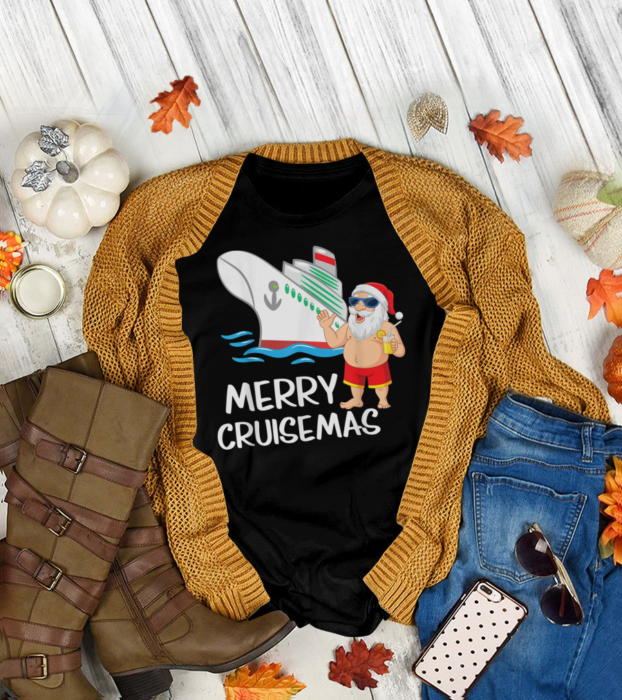 Merry Cruisemas Santa Claus Tropical Vacation Cruise Ship T-Shirt