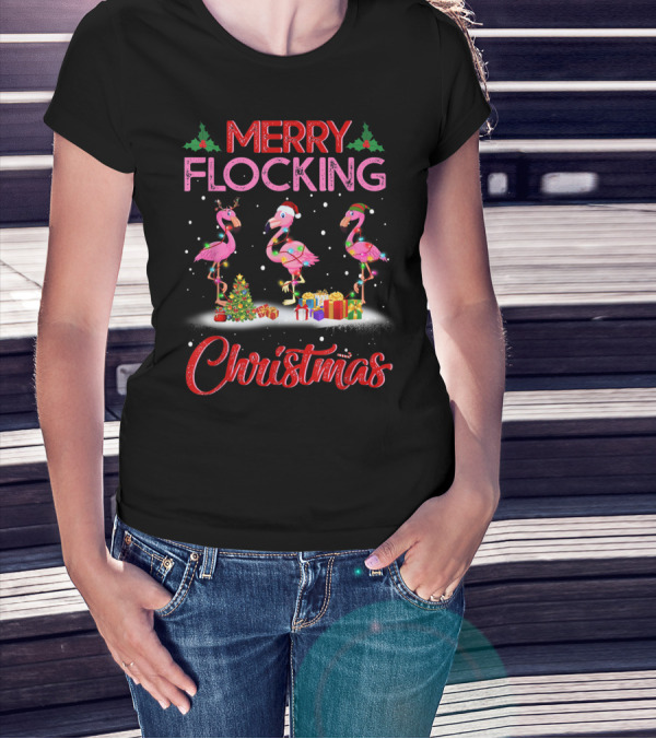 Merry Flocking Christmas Flamingo Pink Holiday Scene With Presents And Snowflakes T-Shirt