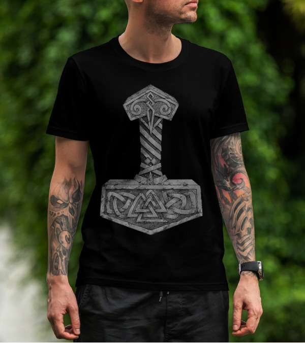 Mjolnir Thor's Hammer With Valknut Symbol Norse Mythology Viking T-Shirt