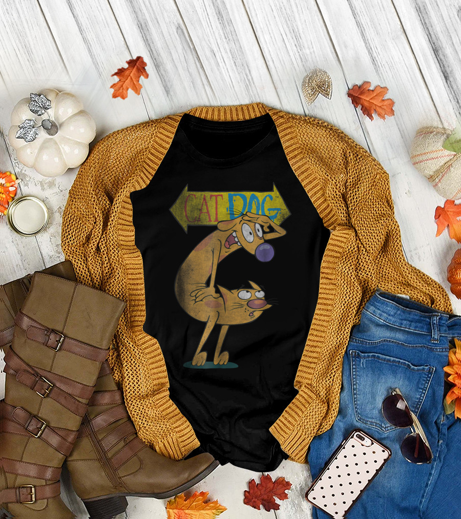 Nickelodeon CatDog Characters with Yellow Direction Arrow T-Shirt