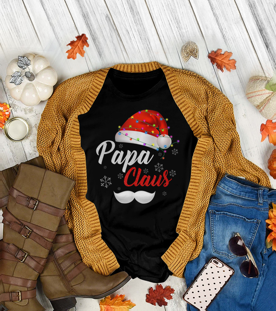 Papa Claus Santa Hat with Lights and Snowflakes T-Shirt