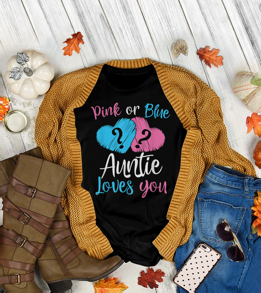 Pink or Blue Auntie Loves You Hearts Gender Reveal T-Shirt