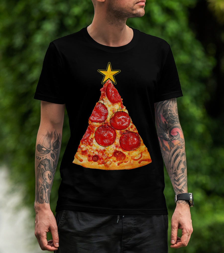 Pizza Slice Christmas Tree With Pepperoni Ornaments And Star Topper T-Shirt