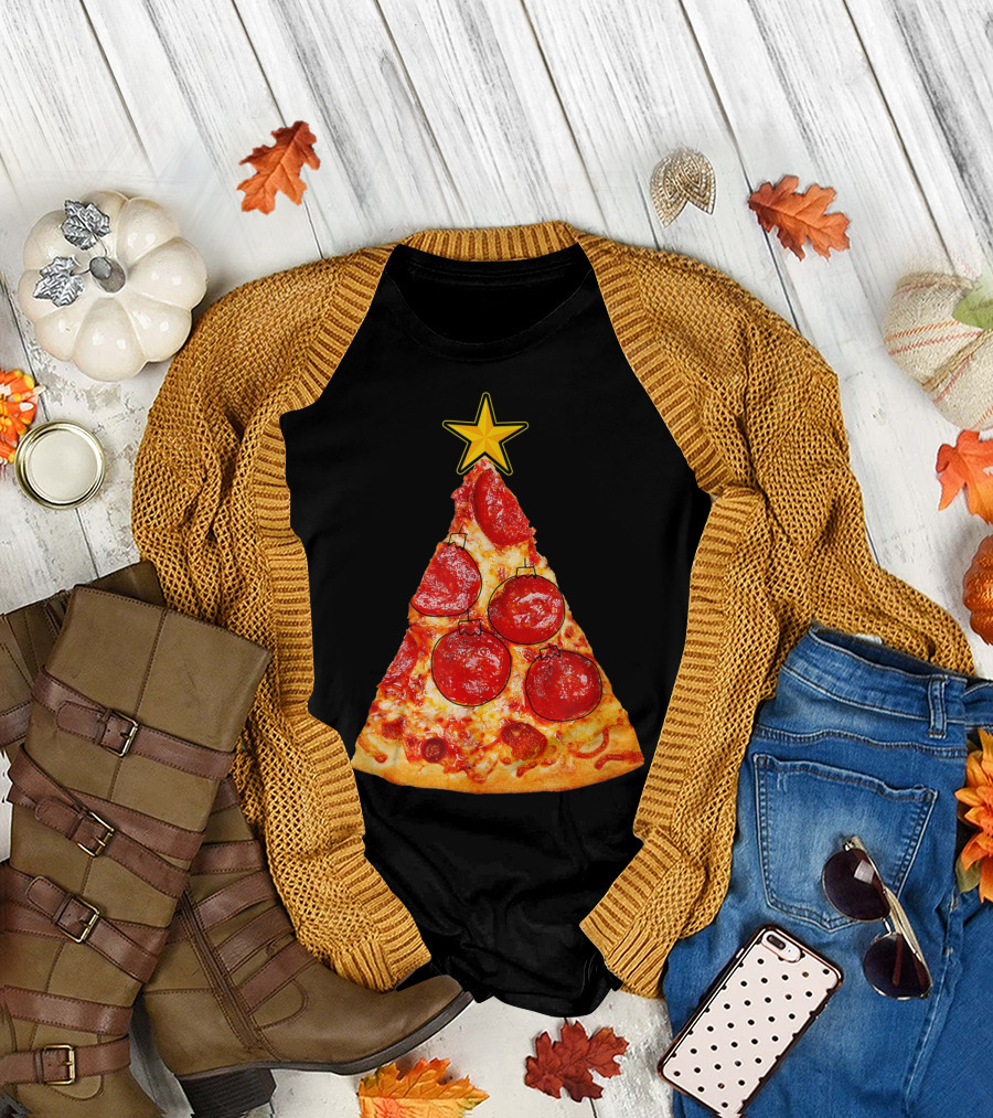Pizza Slice Christmas Tree with Pepperoni Ornaments and Star Topper T-Shirt