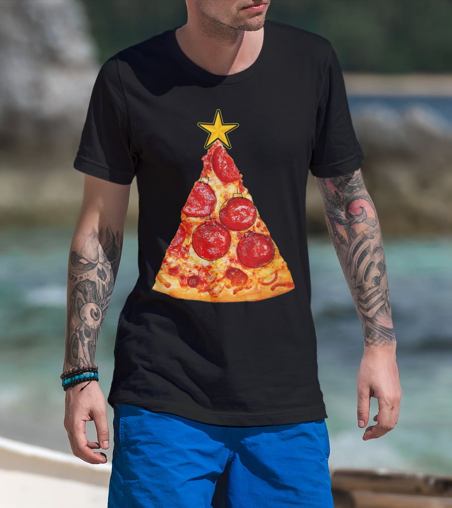 Pizza Slice Christmas Tree With Pepperoni Ornaments And Star Topper T-Shirt