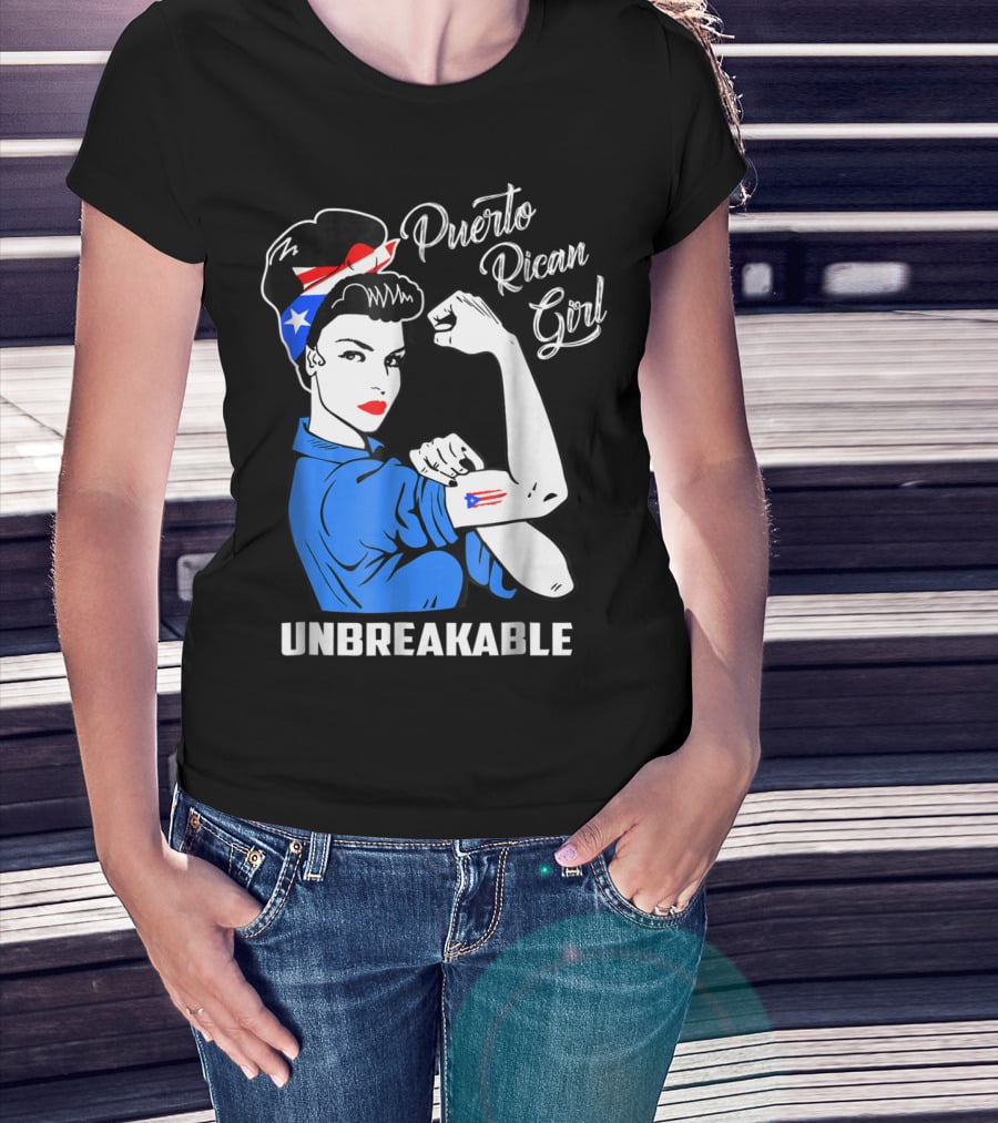 Puerto Rican Girl Unbreakable Rosie The Riveter Flag Tattoo Heritage T-Shirt
