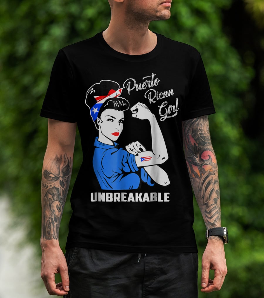 Puerto Rican Girl Unbreakable Rosie The Riveter Flag Tattoo Heritage T-Shirt