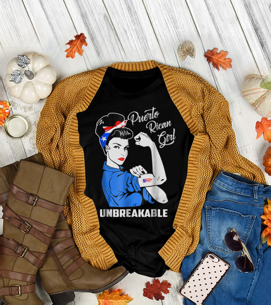 Puerto Rican Girl Unbreakable Rosie the Riveter Flag Tattoo Heritage T-Shirt