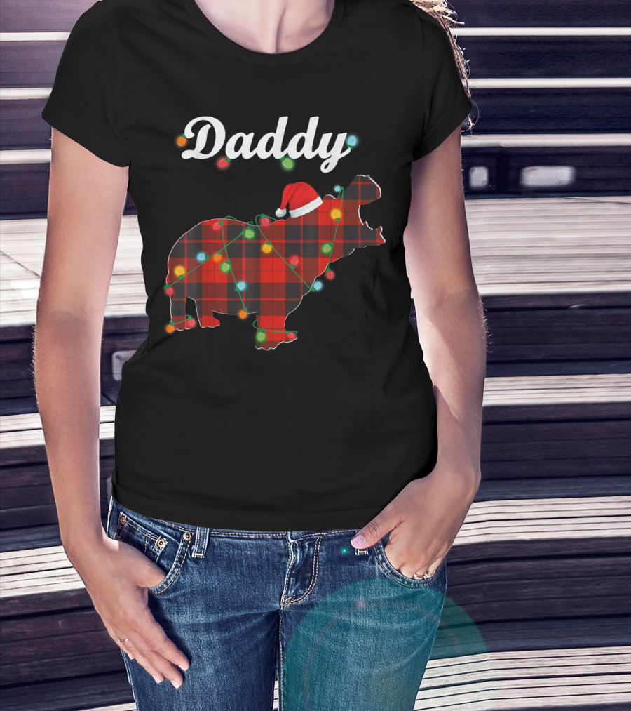 Daddy Red Plaid Hippopotamus Christmas Lights Santa Hat T-Shirt