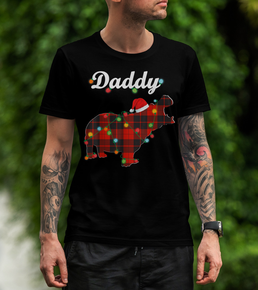 Daddy Red Plaid Hippopotamus Christmas Lights Santa Hat T-Shirt