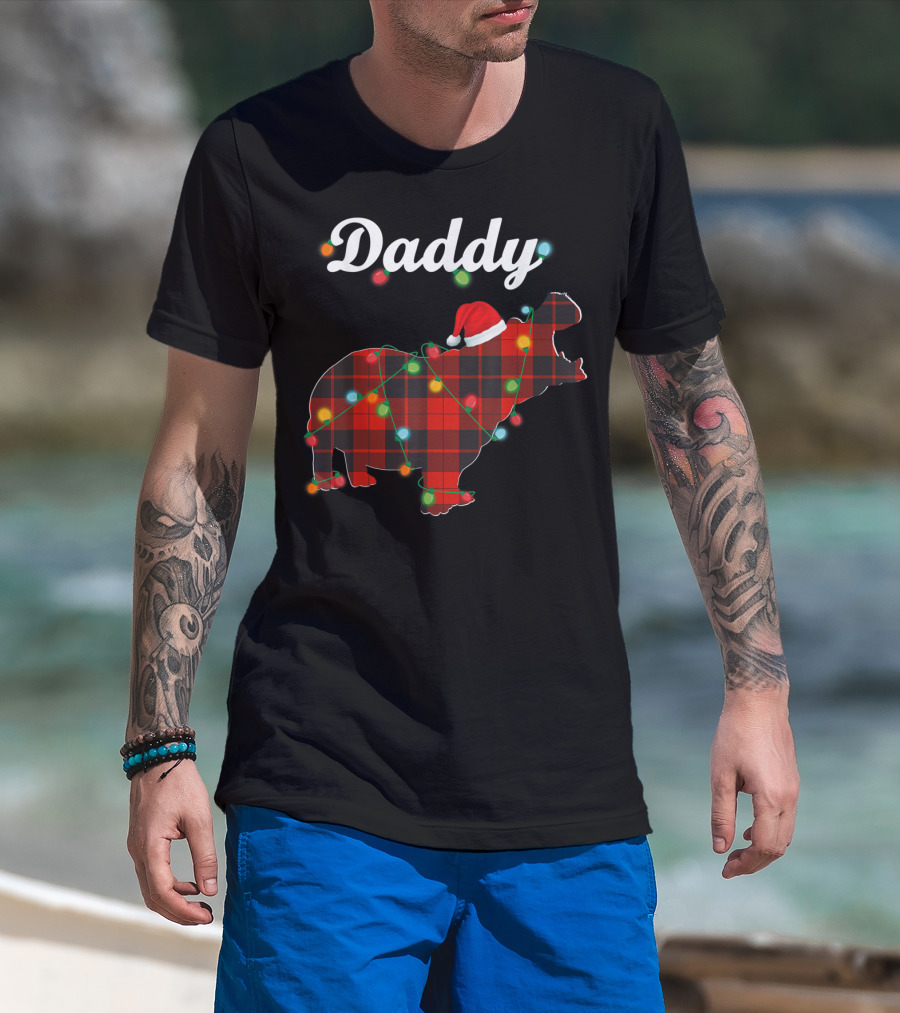 Daddy Red Plaid Hippopotamus Christmas Lights Santa Hat T-Shirt