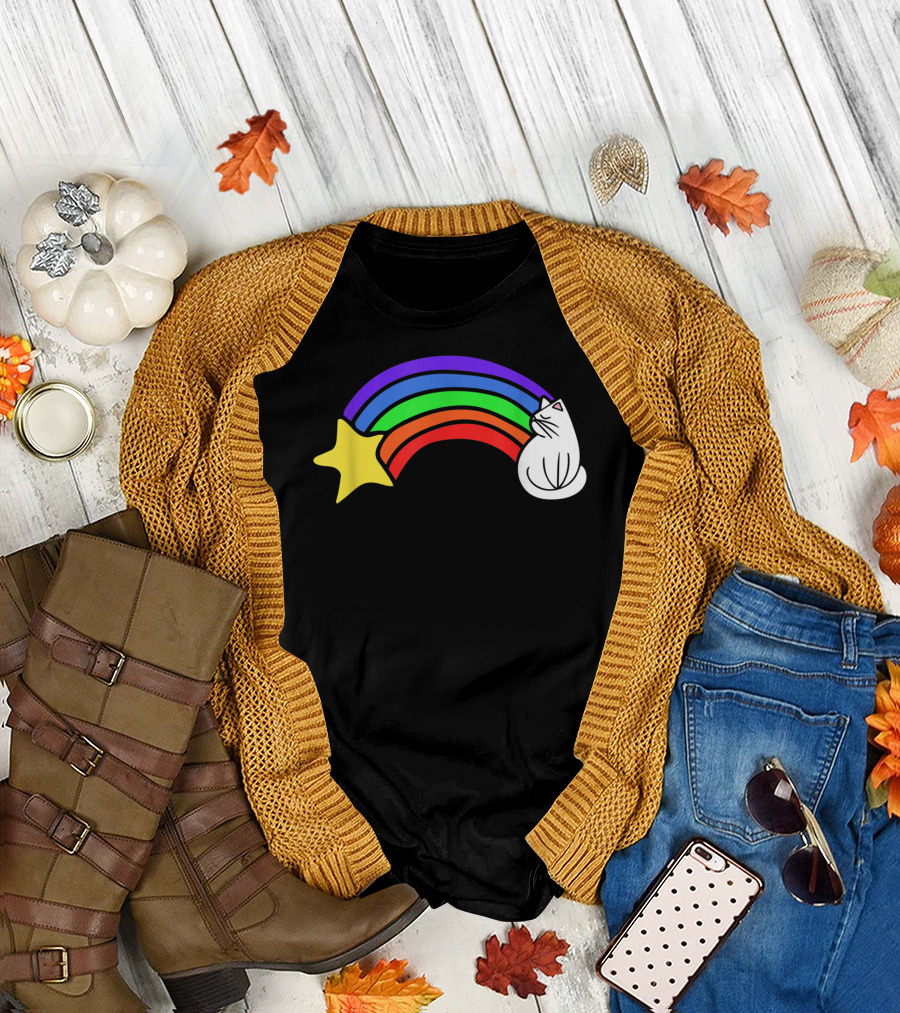 Retro Rainbow Cat Cute Vintage Starry Rainbow Cat T-Shirt