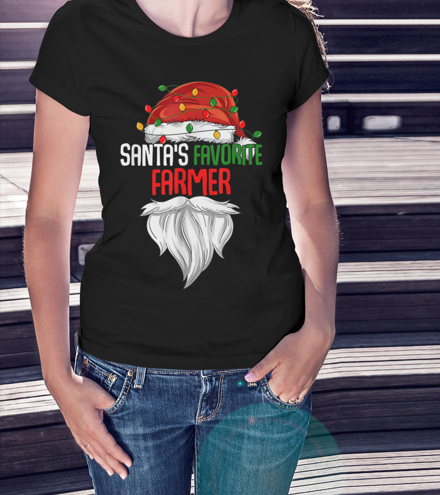Santa's Favorite Farmer Christmas Beard And Hat Lights T-Shirt